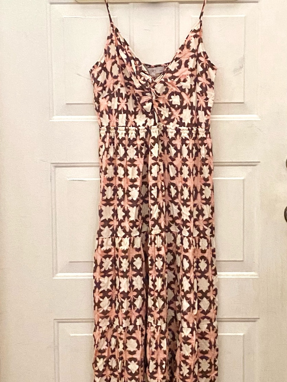 NWT Loft Petites Cutout PeachyPinkBrownCream Print Elastic Waist & Back 12P & 12